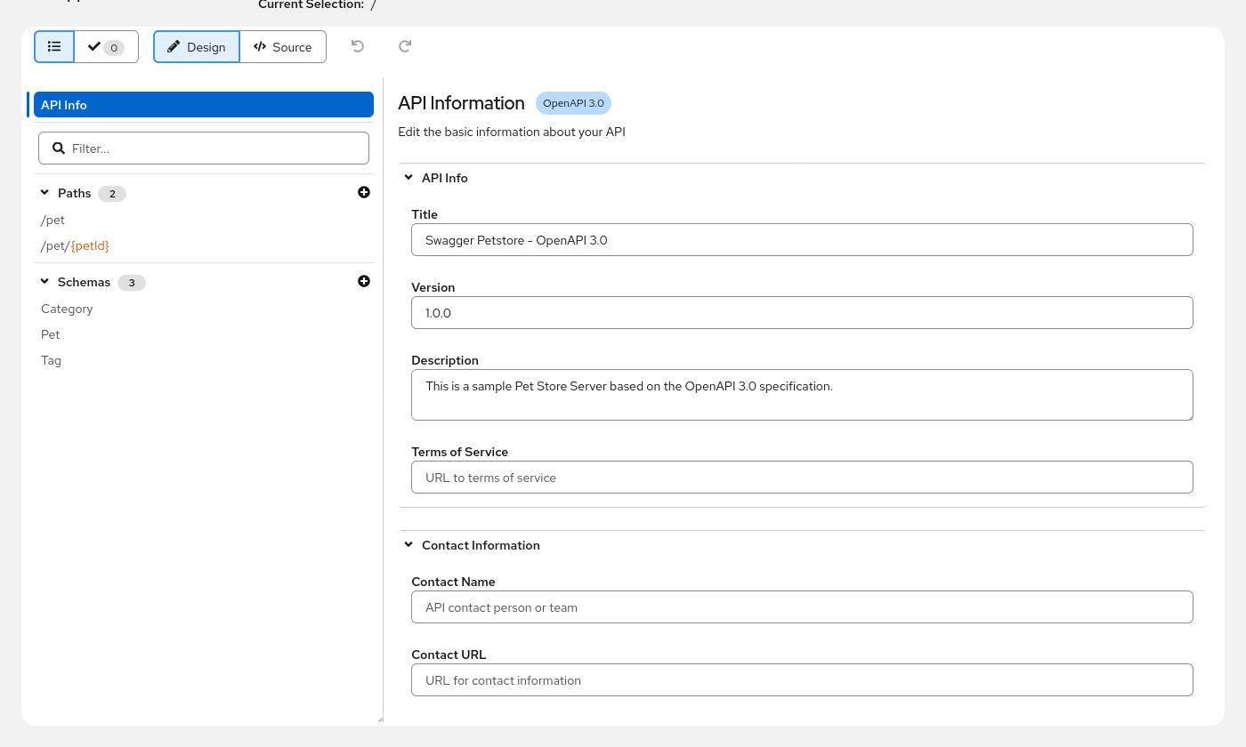 The OpenAPI Editor's main view showing the navigation tree on the left with paths and schemas, and the API info form on the right