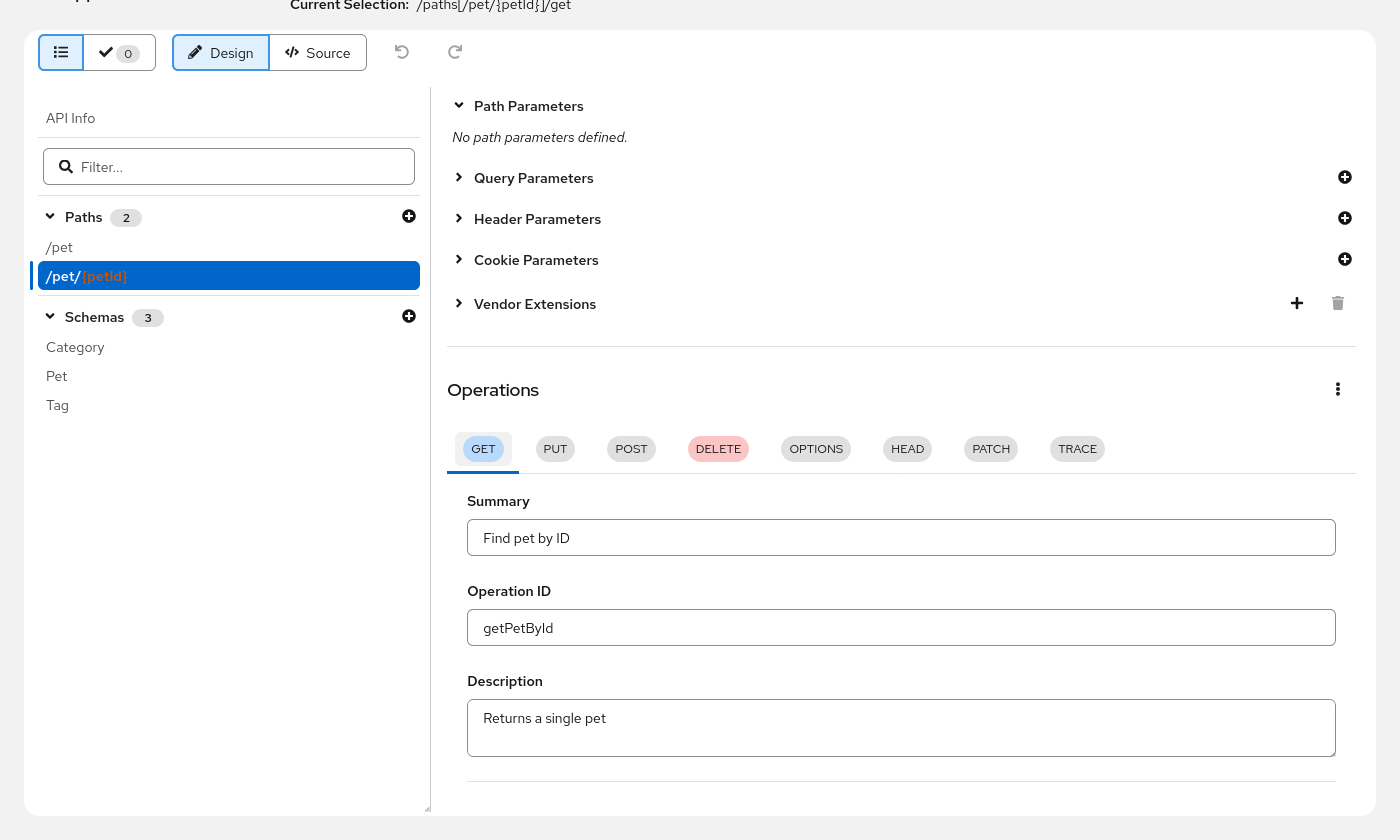 Editing a GET operation in the visual editor -- summary, operation ID, and description are simple form fields, with operation tabs for GET, PUT, POST, DELETE visible above