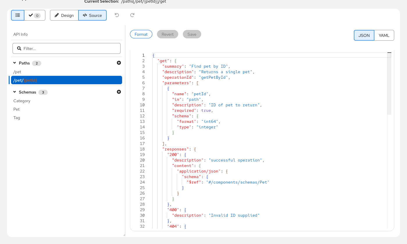 The source view showing syntax-highlighted JSON with line numbers, Format/Revert/Save buttons, and a JSON/YAML toggle
